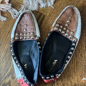 Prada Brown and White Studded Flats